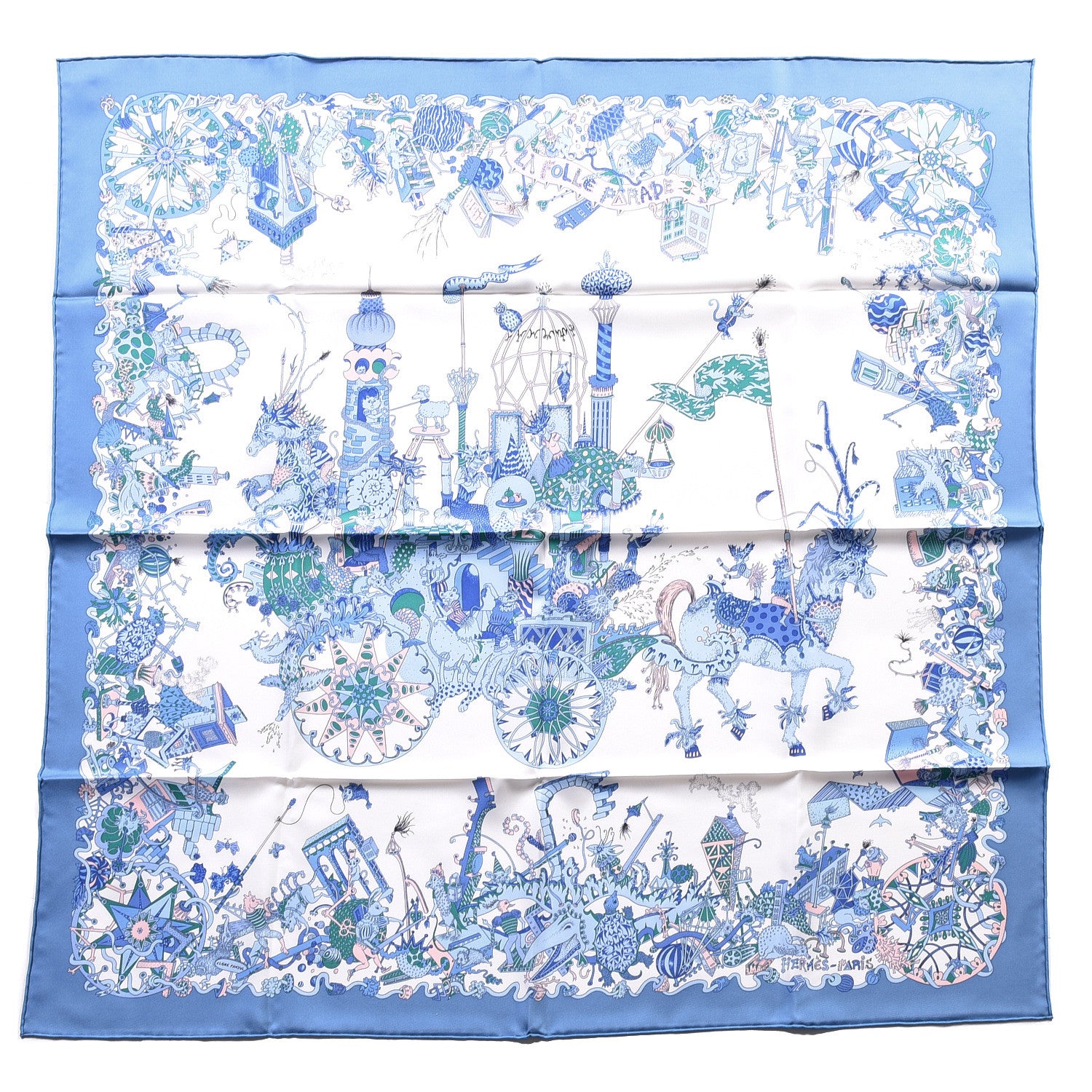Hermes Silk Twill La Folle Parade Scarf 90 Bleu Jean White Rose 1 of 5
