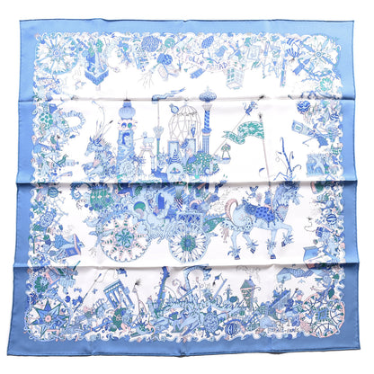 Hermes Silk Twill La Folle Parade Scarf 90 Bleu Jean White Rose 1 of 5