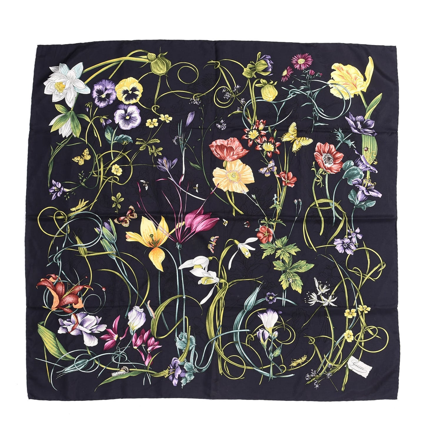 Silk Floral Square Scarf Black