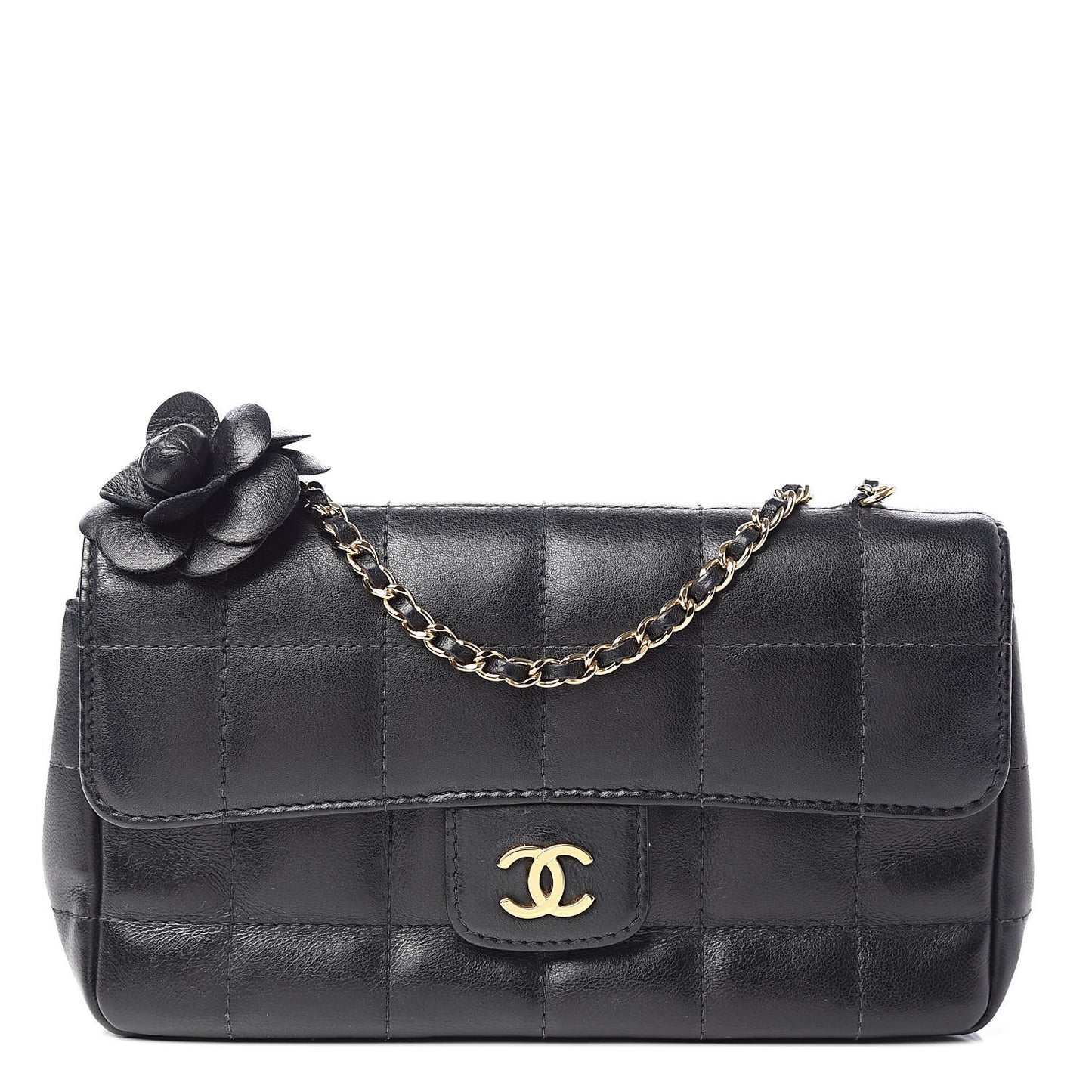 Lambskin Quilted Mini Chocolate Bar Camellia Flap Black