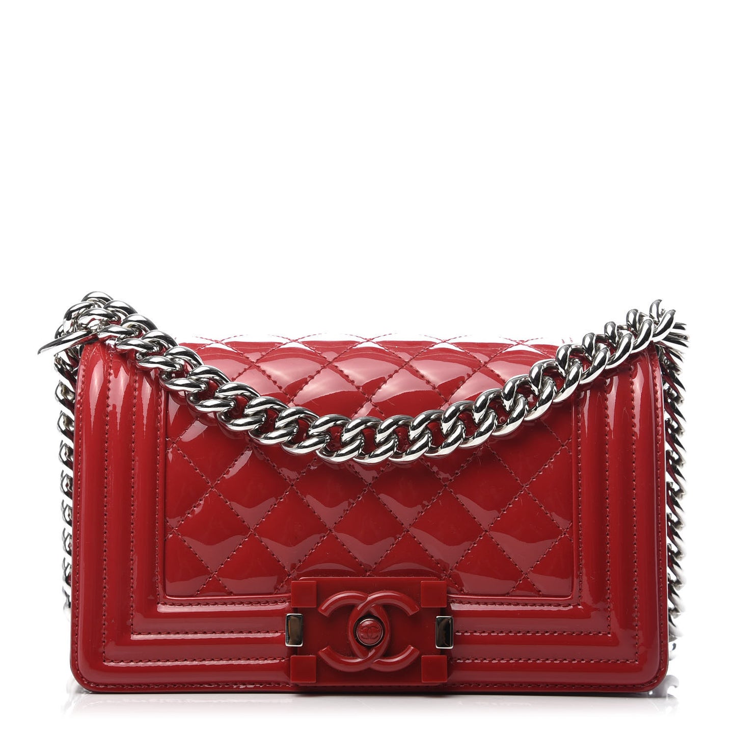 Patent Calfskin Quilted Small Plexiglass Boy Flap Red