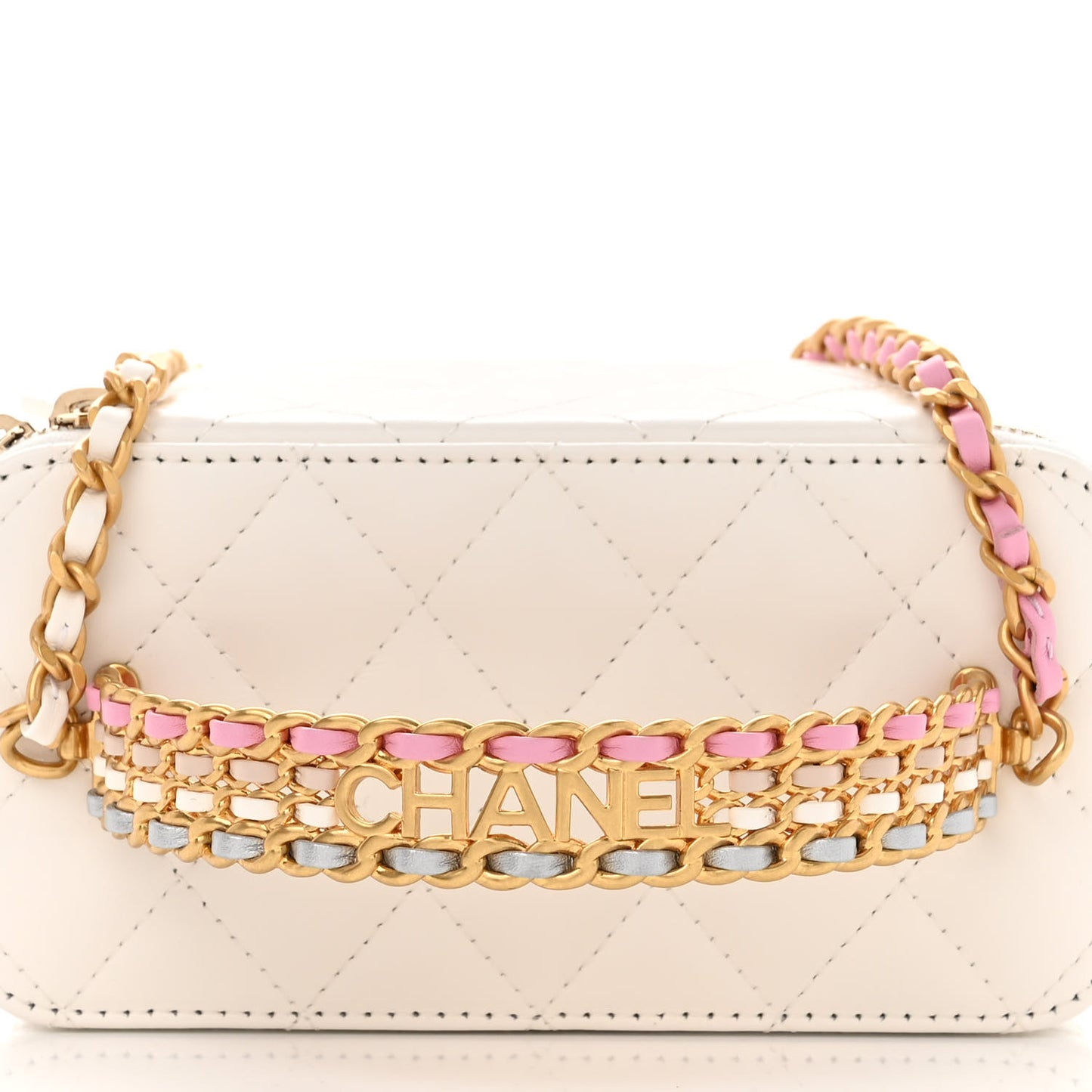 Shiny Calfskin Quilted Small Top Handle Vanity Case With Chain White