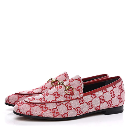 Gucci Canvas GG Monogram Horsebit Womens Jordaan Loafers 39 Gardenia Hibiscus Red 3 of 9