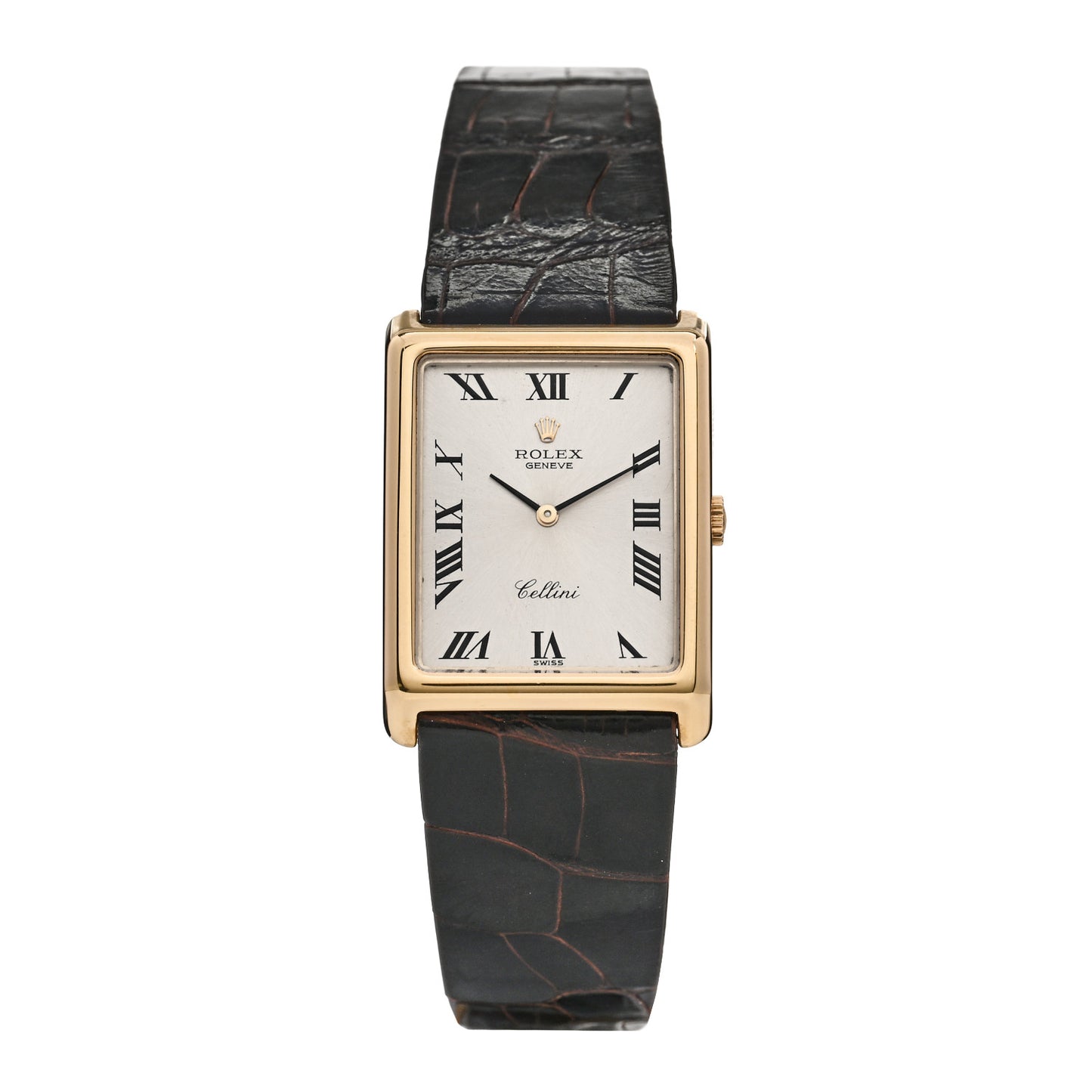 18K Yellow Gold Alligator 25mm Cellini Manual Winding Watch Silver 4105