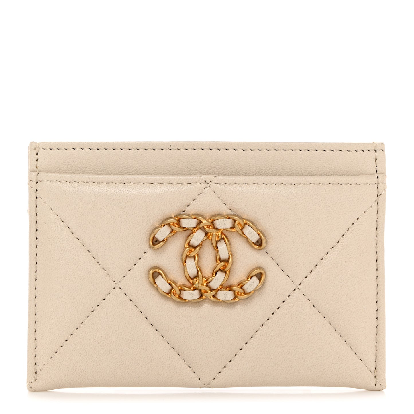 Lambskin Quilted Chanel 19 Card Holder Light Beige
