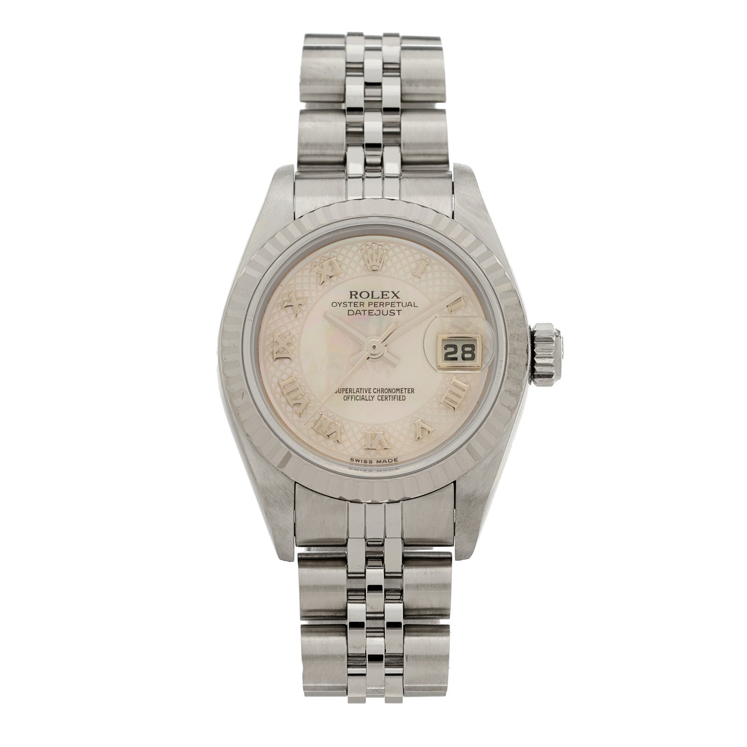 Rolex Stainless Steel 18K White Gold Mother of Pearl 26mm Oyster Perpetual Datejust Watch Roman 79174 1 of 4