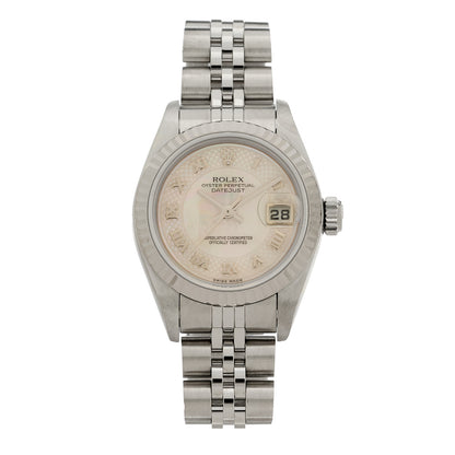 Rolex Stainless Steel 18K White Gold Mother of Pearl 26mm Oyster Perpetual Datejust Watch Roman 79174 1 of 4
