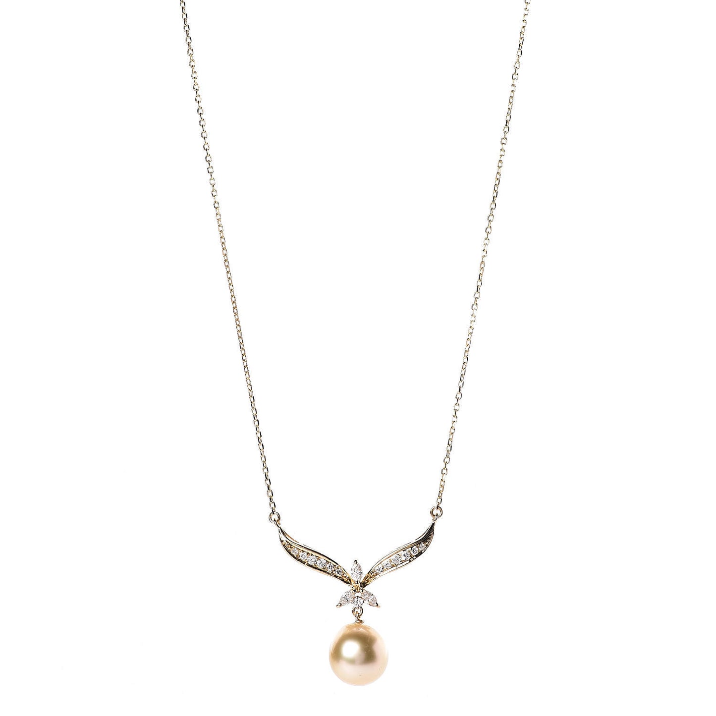 18K Yellow Gold Diamond Golden South Sea Pearl 10mm Pendant Necklace