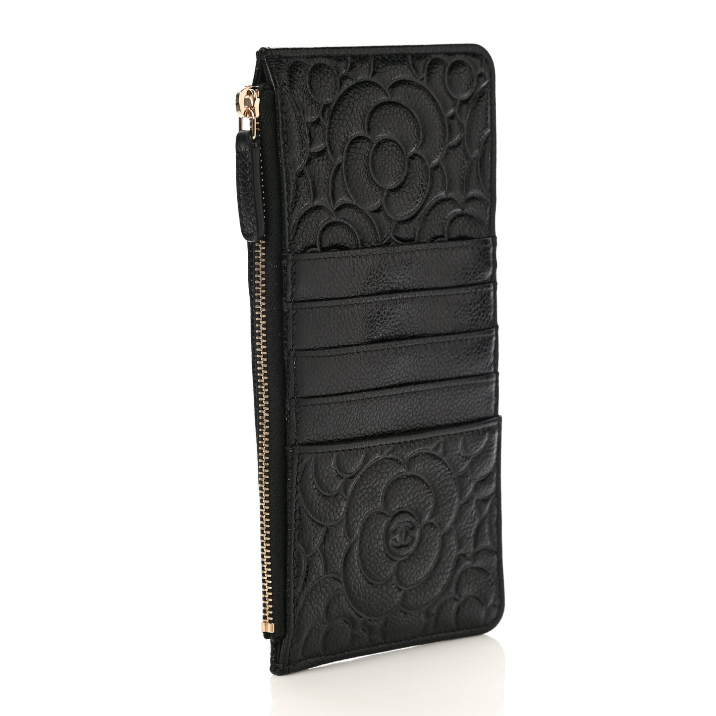 Caviar Camellia Embossed Classic Flat Wallet Pouch Black