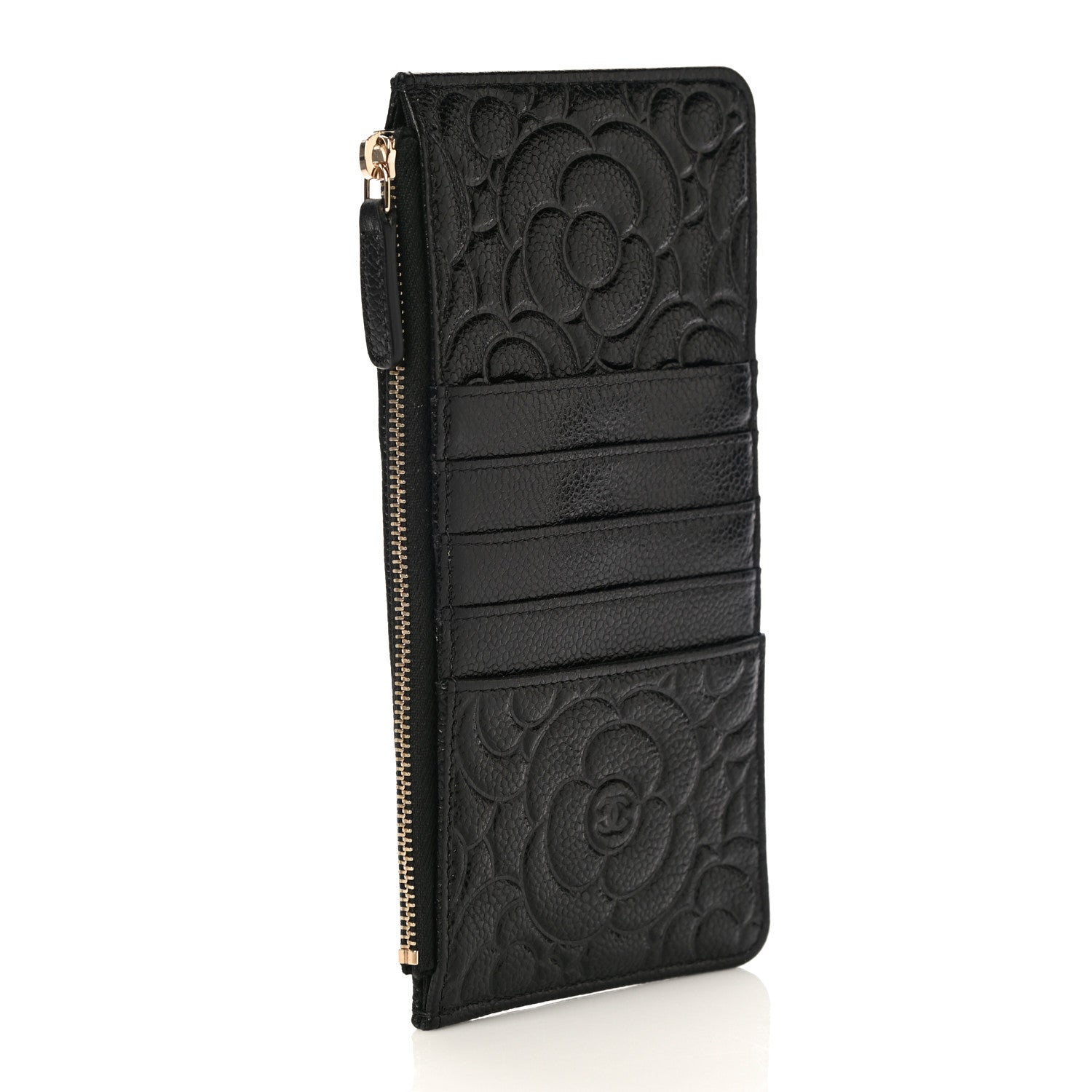 Chanel Caviar Camellia Embossed Classic Flat Wallet Pouch Black 3 of 11