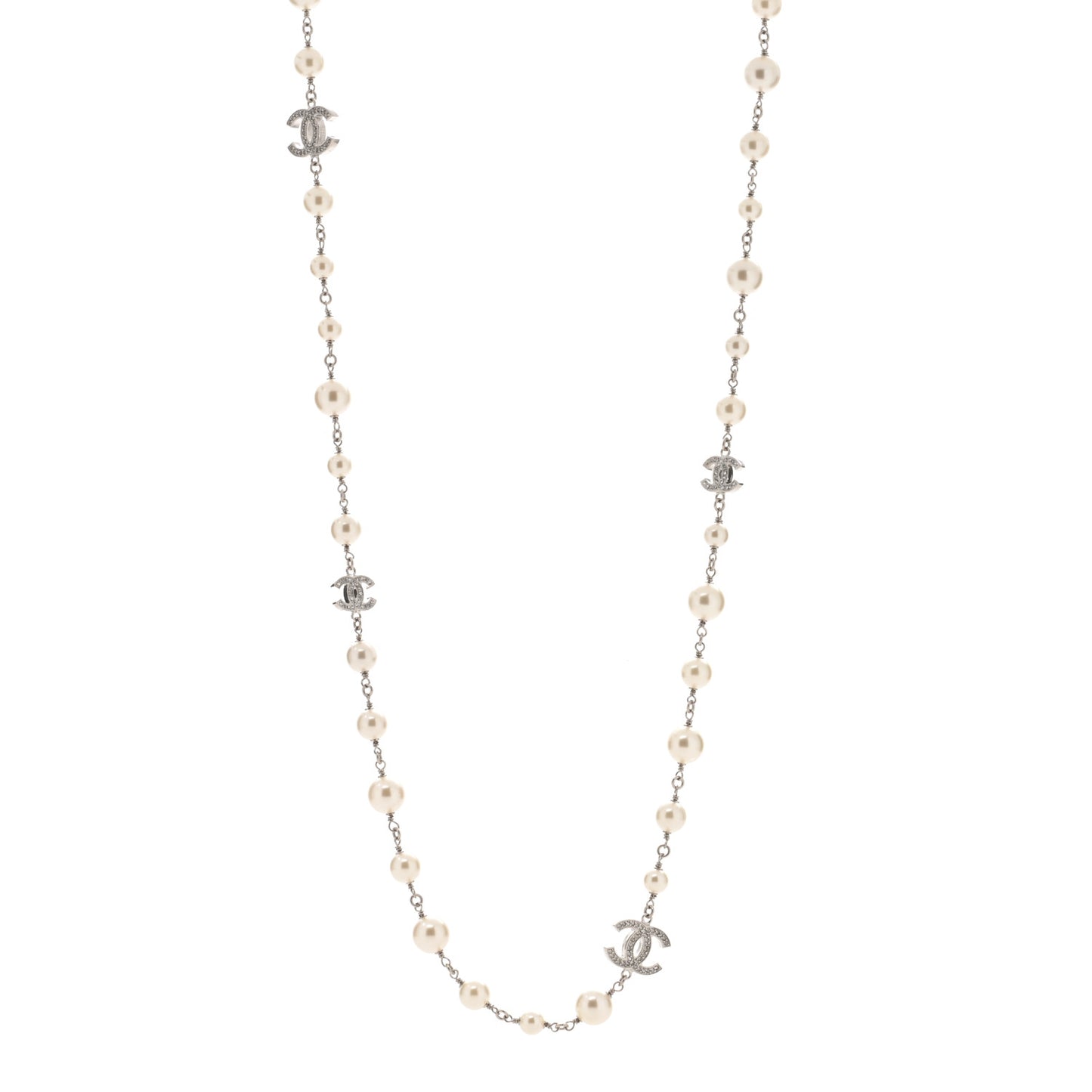Graduated Pearl Crystal CC Long Necklace Silver