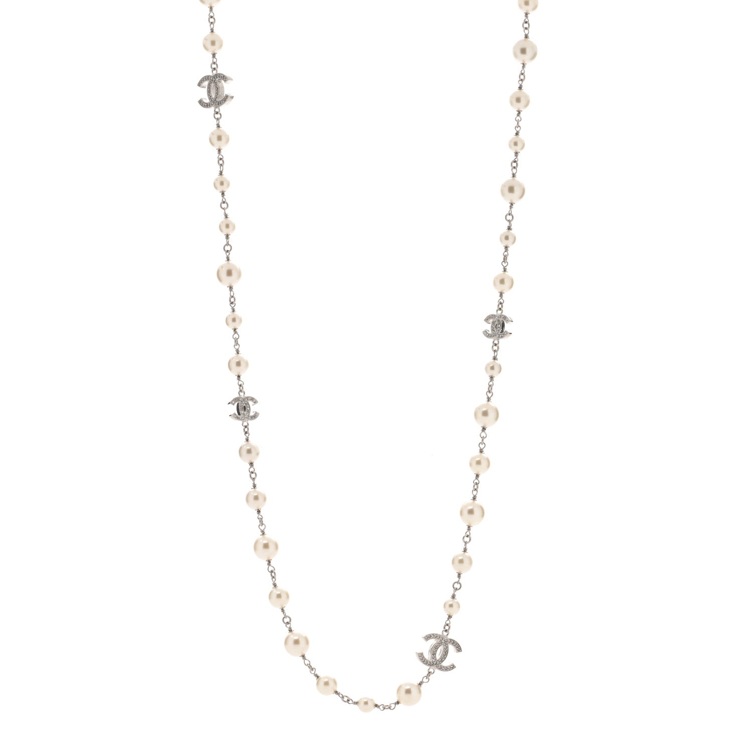 Chanel Graduated Pearl Crystal CC Long Necklace Silver 1 of 3