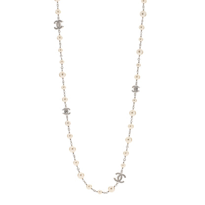 Chanel Graduated Pearl Crystal CC Long Necklace Silver 1 of 3