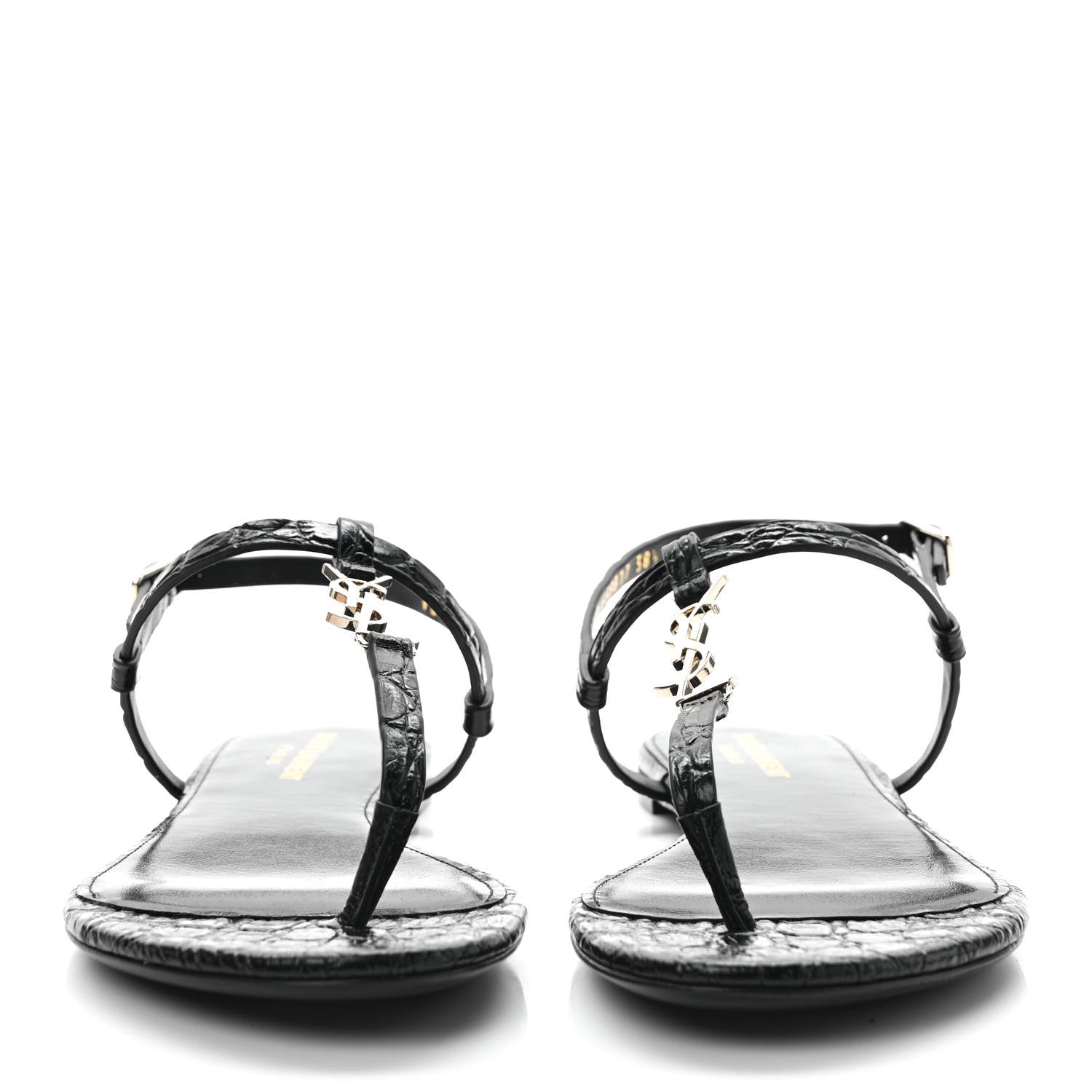 Saint Laurent Calfskin Crocodile Embossed Cassandra Monogram Sandals 38.5 Black 2 of 9