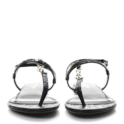 Saint Laurent Calfskin Crocodile Embossed Cassandra Monogram Sandals 38.5 Black 2 of 9