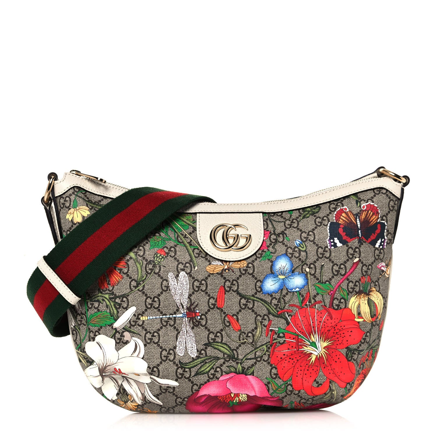 Gucci GG Supreme Monogram Flora Web Small Ophidia Half Moon Hobo White 1 of 13