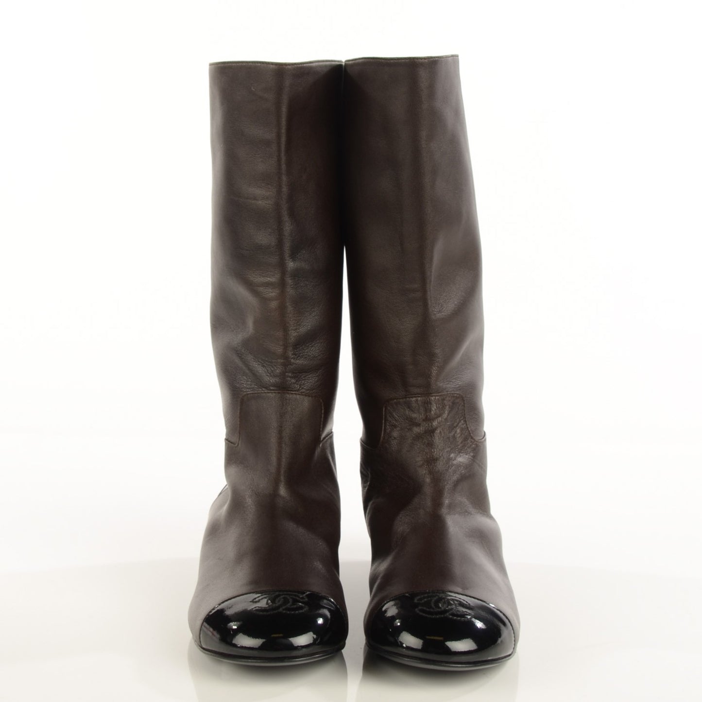 Lambskin Patent Cap Toe CC High Boots 38 Brown