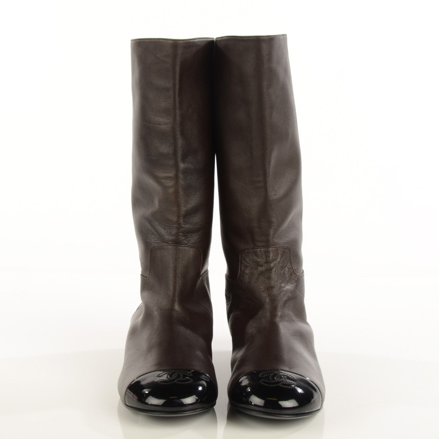 Chanel Lambskin Patent Cap Toe CC High Boots 38 Brown 2 of 6