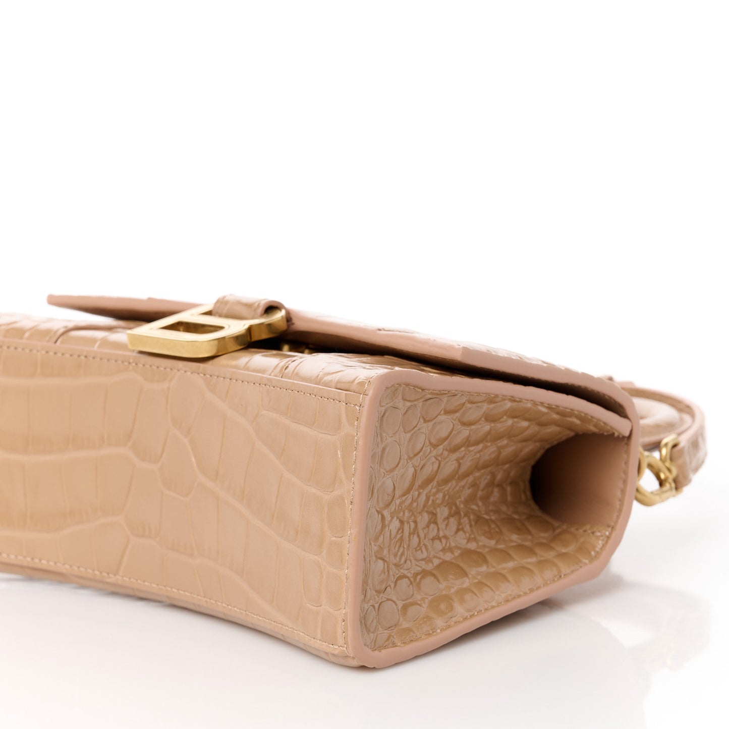 Shiny Calfskin Crocodile Embossed Hourglass Top Handle Bag XS Nude Beige