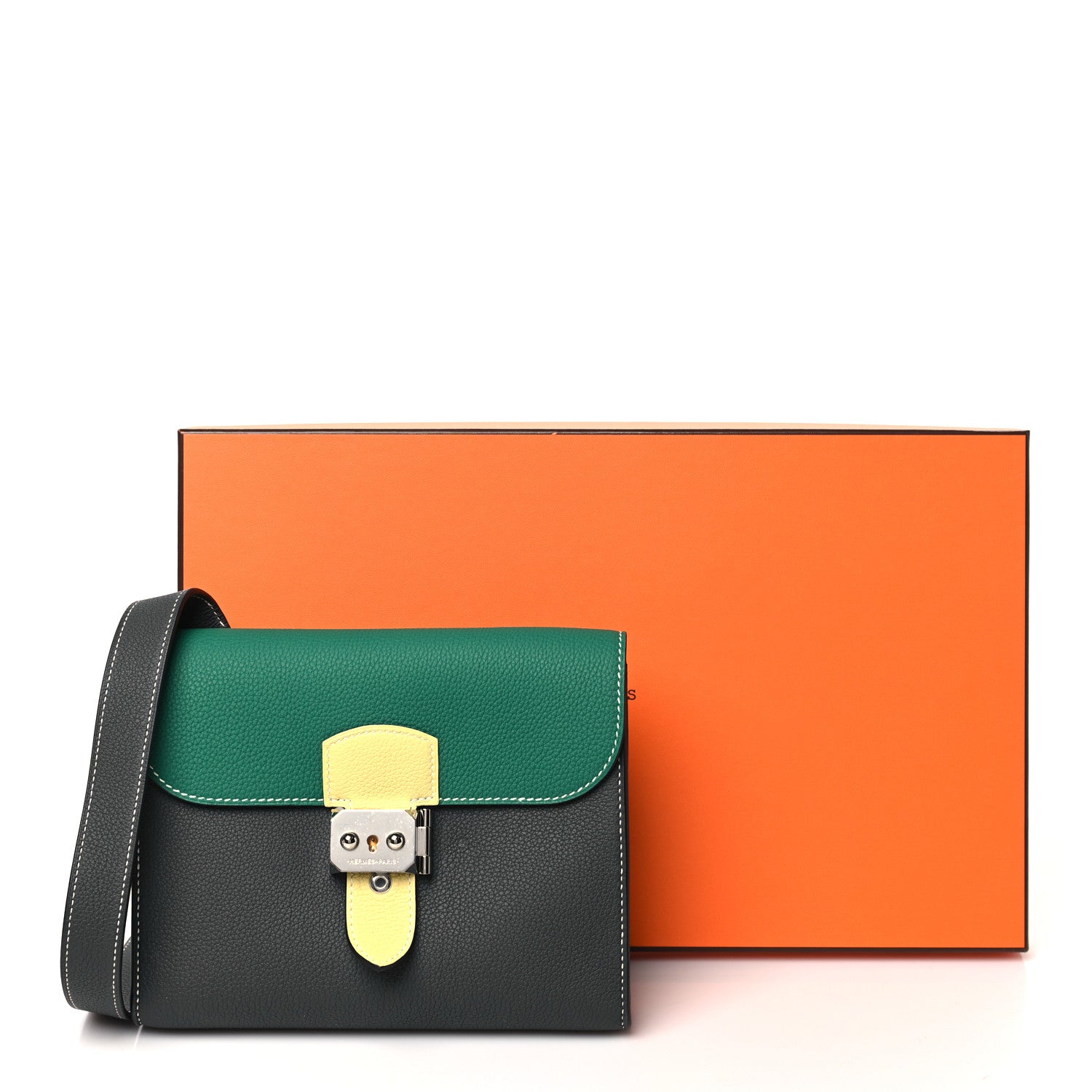 Hermes Togo Sac A Depeches 21 Messenger Bag Gris Misty Vert Vertigo Jaune Poussin 9 of 9