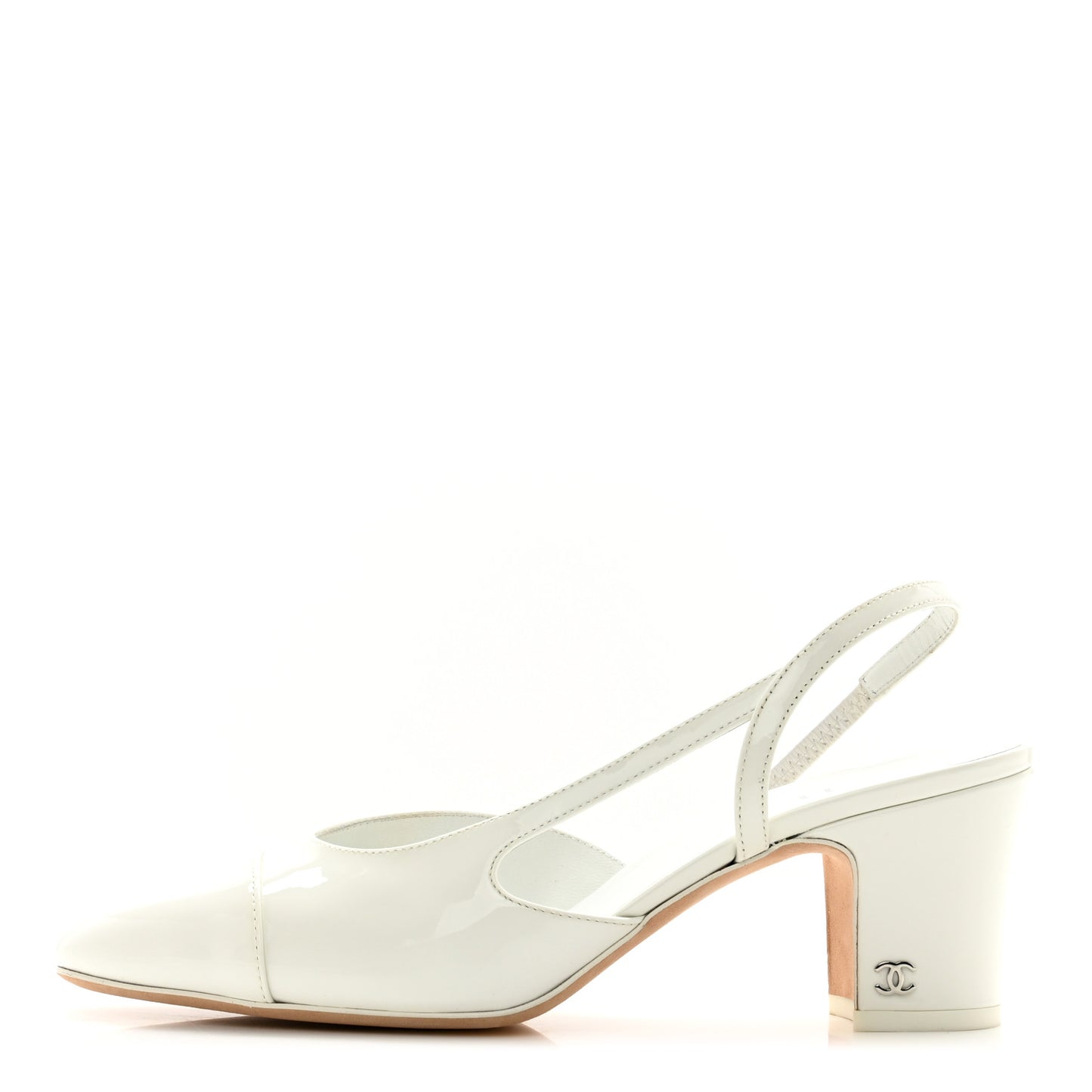 Patent Calfskin Cap Toe CC Slingback Pumps 38 White