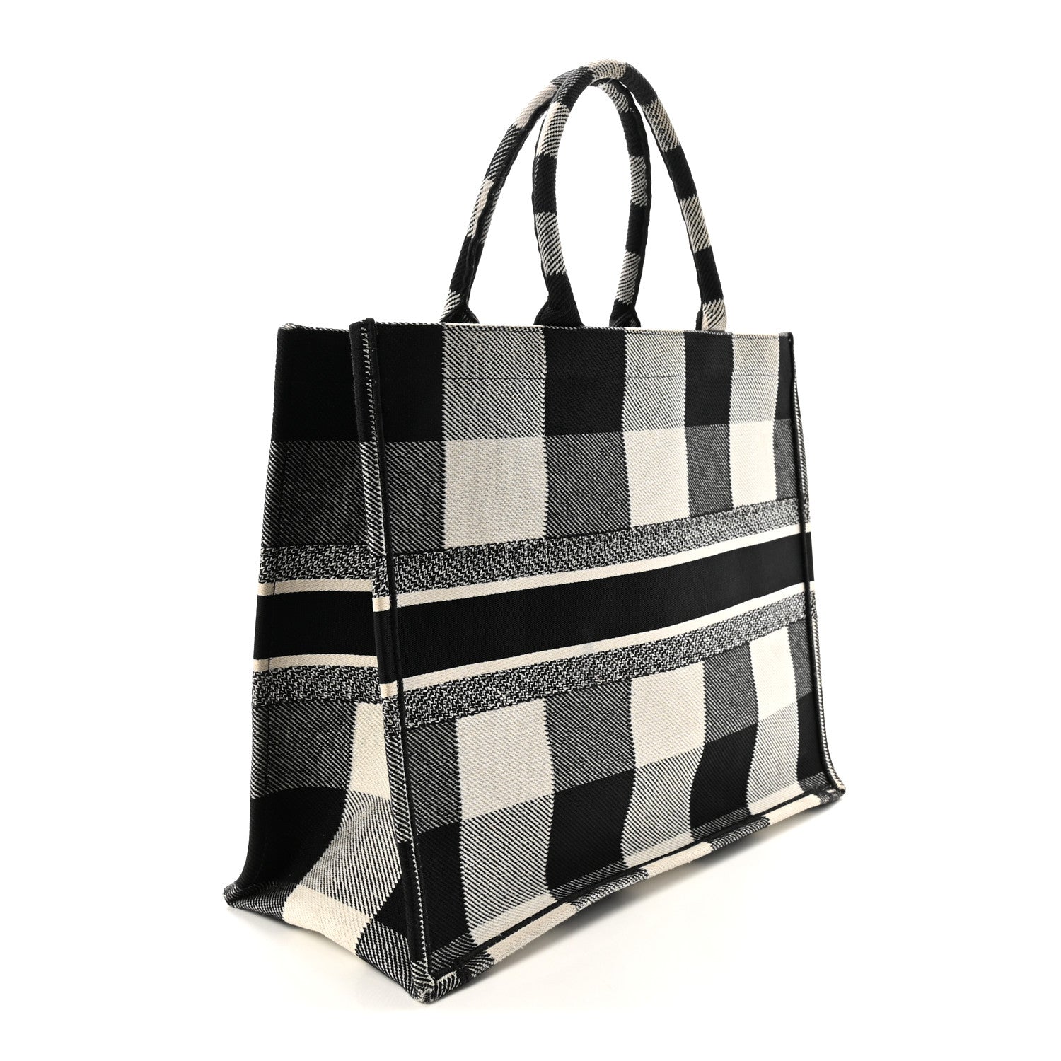 Christian Dior Canvas Embroidered Large Checkered Book Tote Black White 3 of 10