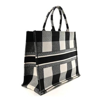 Christian Dior Canvas Embroidered Large Checkered Book Tote Black White 3 of 10