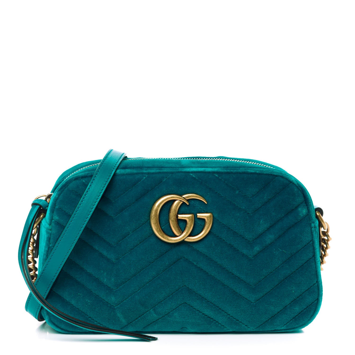 Gucci Velvet Matelasse Small GG Marmont Chain Shoulder Bag Pavone Cyan 1 of 11