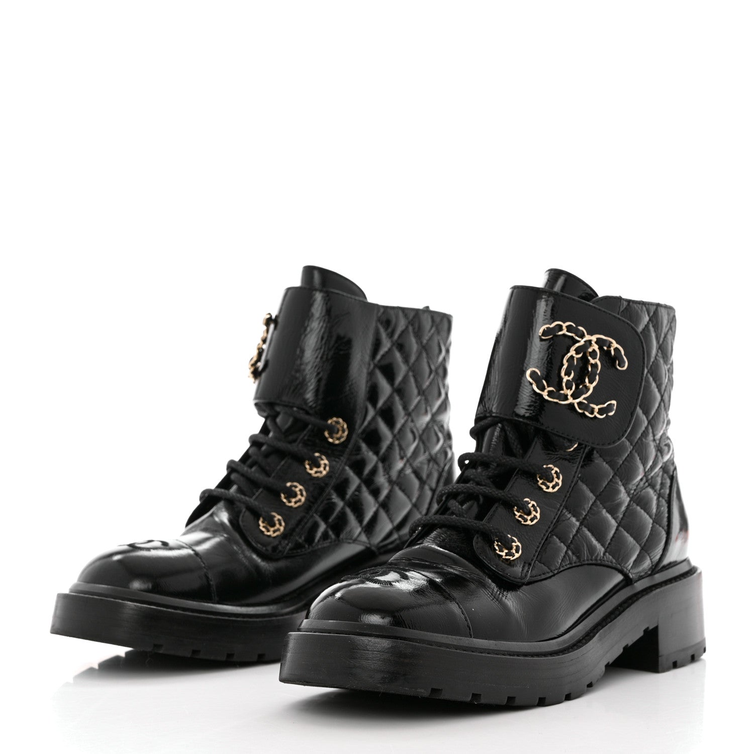 Chanel Shiny Goatskin Calfskin Quilted Lace Up Combat Boots 38 Black 3 of 10