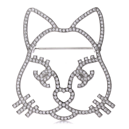 Chanel Strass Crystal Emoji Choupette Cat Brooch Silver 1 of 4