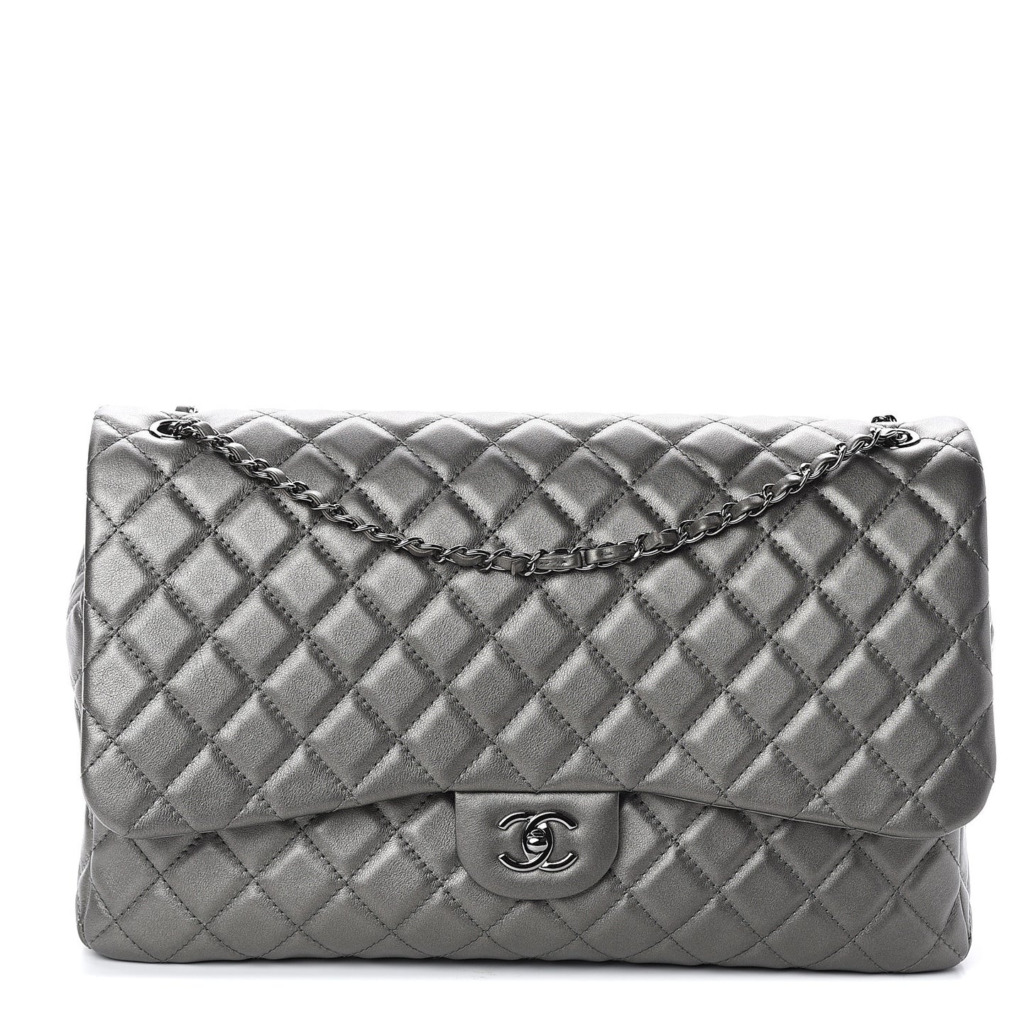 Metallic Calfskin Quilted Small XXL Travel Flap Bag Dark Silver