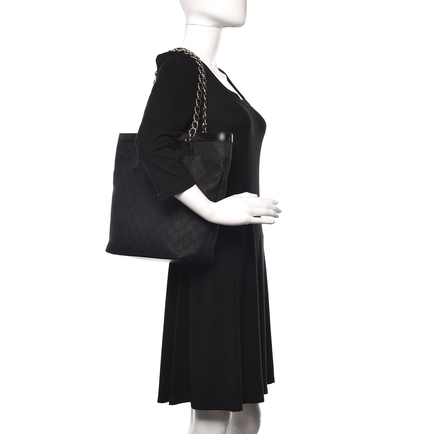 Gucci Denim Monogram Chain Bucket Tote Black 2 of 10