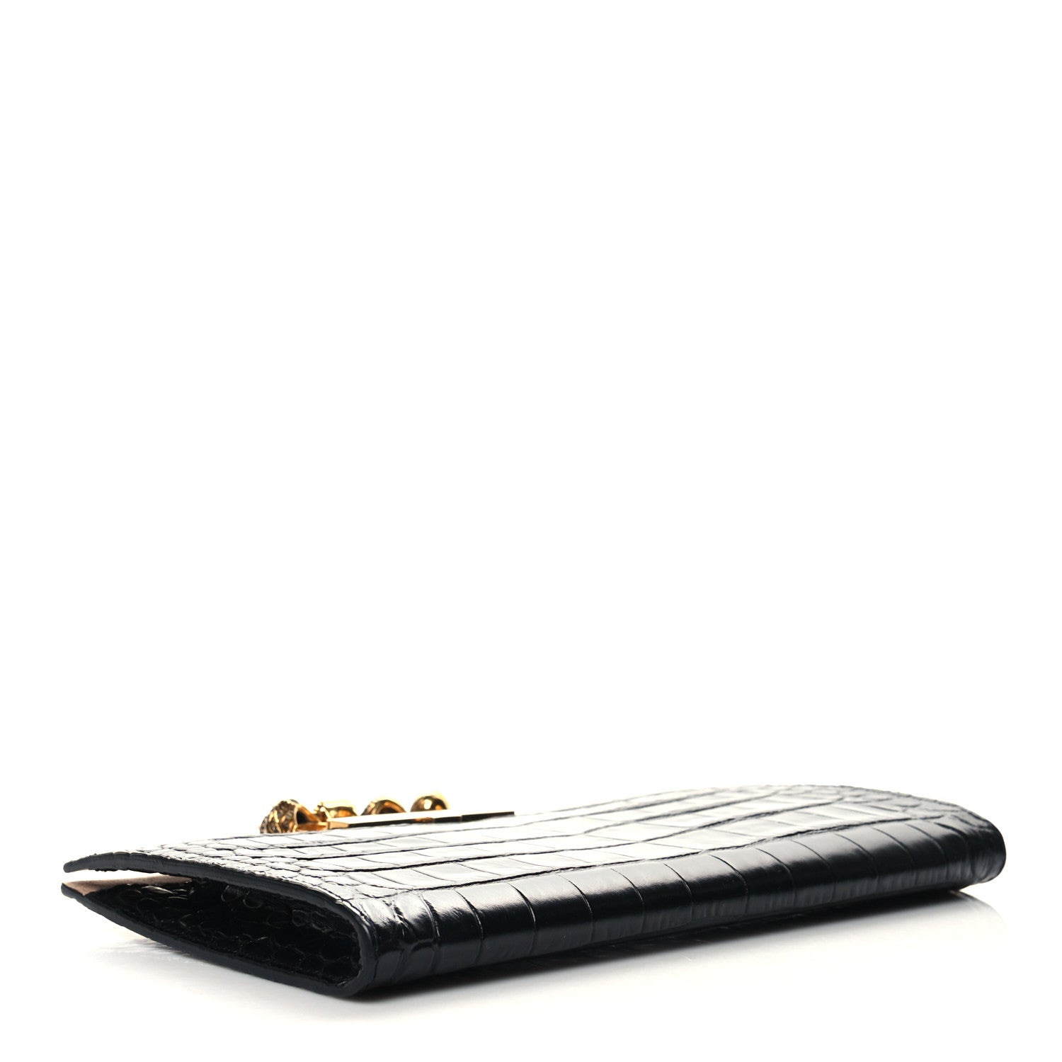 Alexander McQueen Calfskin Crocodile Embossed Knuckle Flat Clutch Black Gold 4 of 13