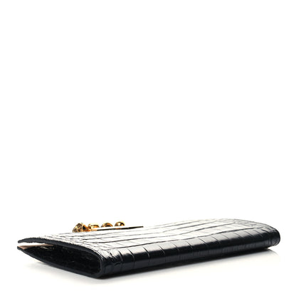 Alexander McQueen Calfskin Crocodile Embossed Knuckle Flat Clutch Black Gold 4 of 13