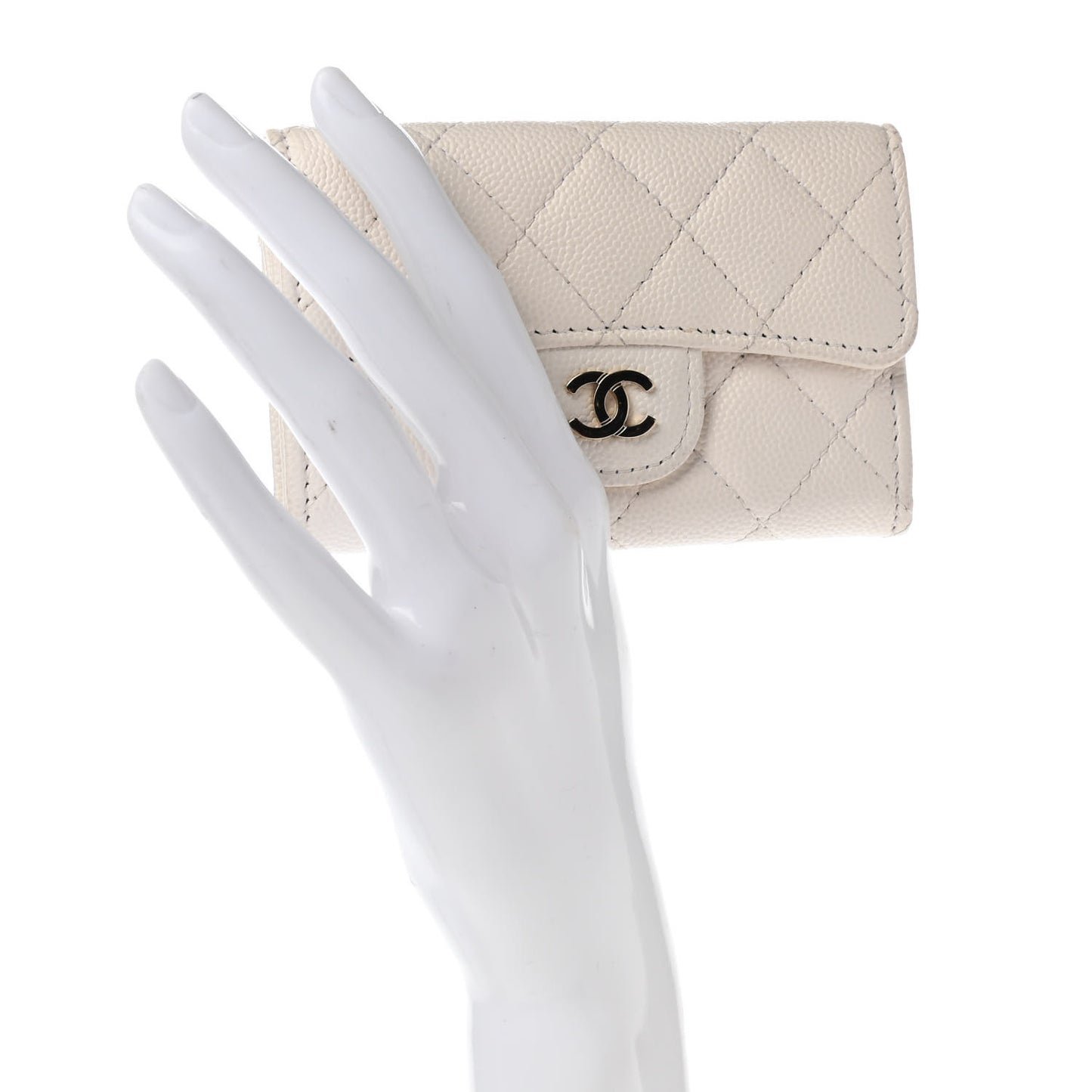 Caviar Quilted Flap Card Holder Wallet White