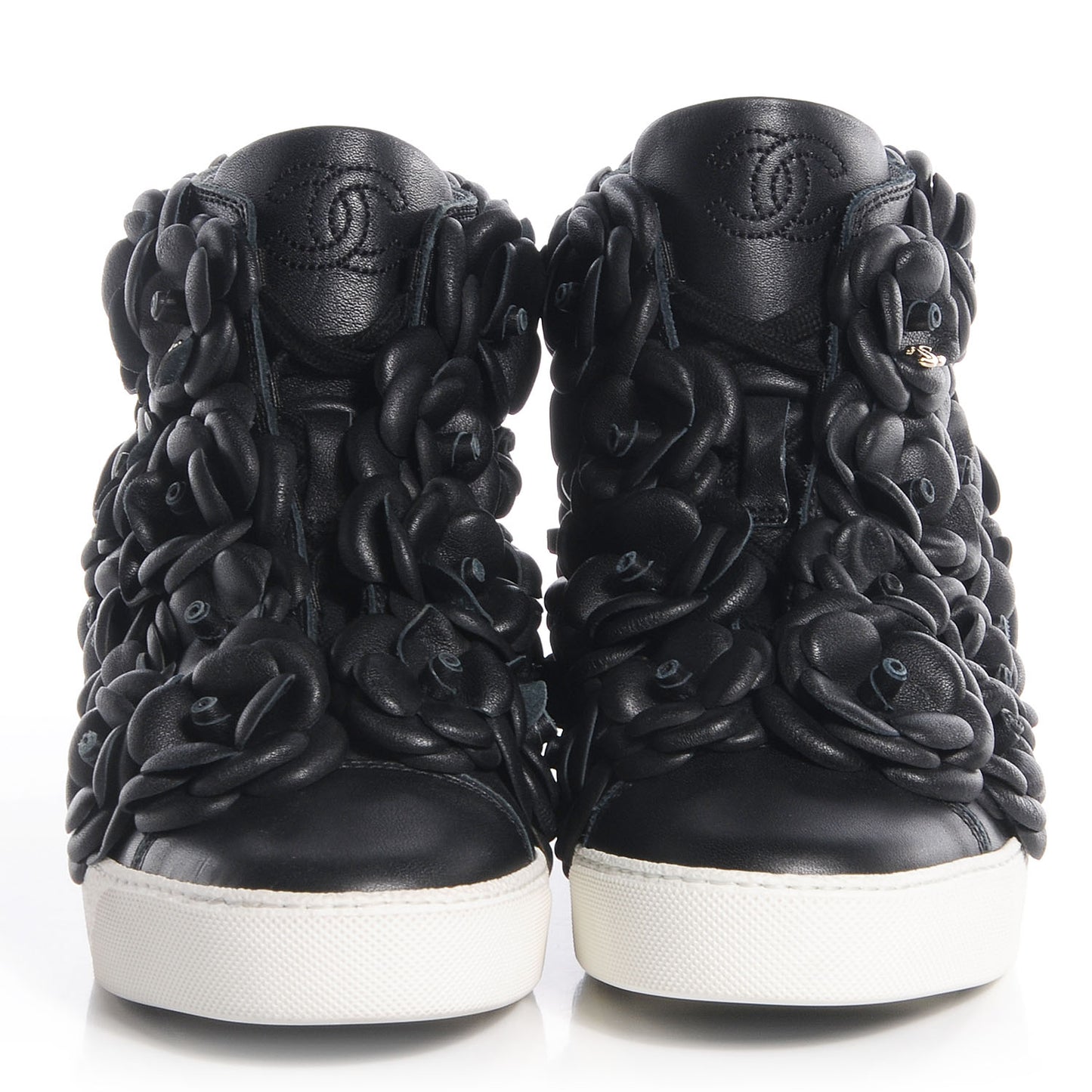 Calfskin Camellia High Top Sneakers 36 Black