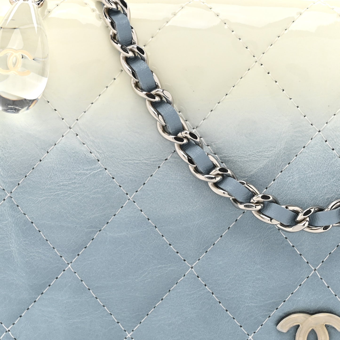 Faded Patent Calfskin Quilted Wallet on Chain Blue