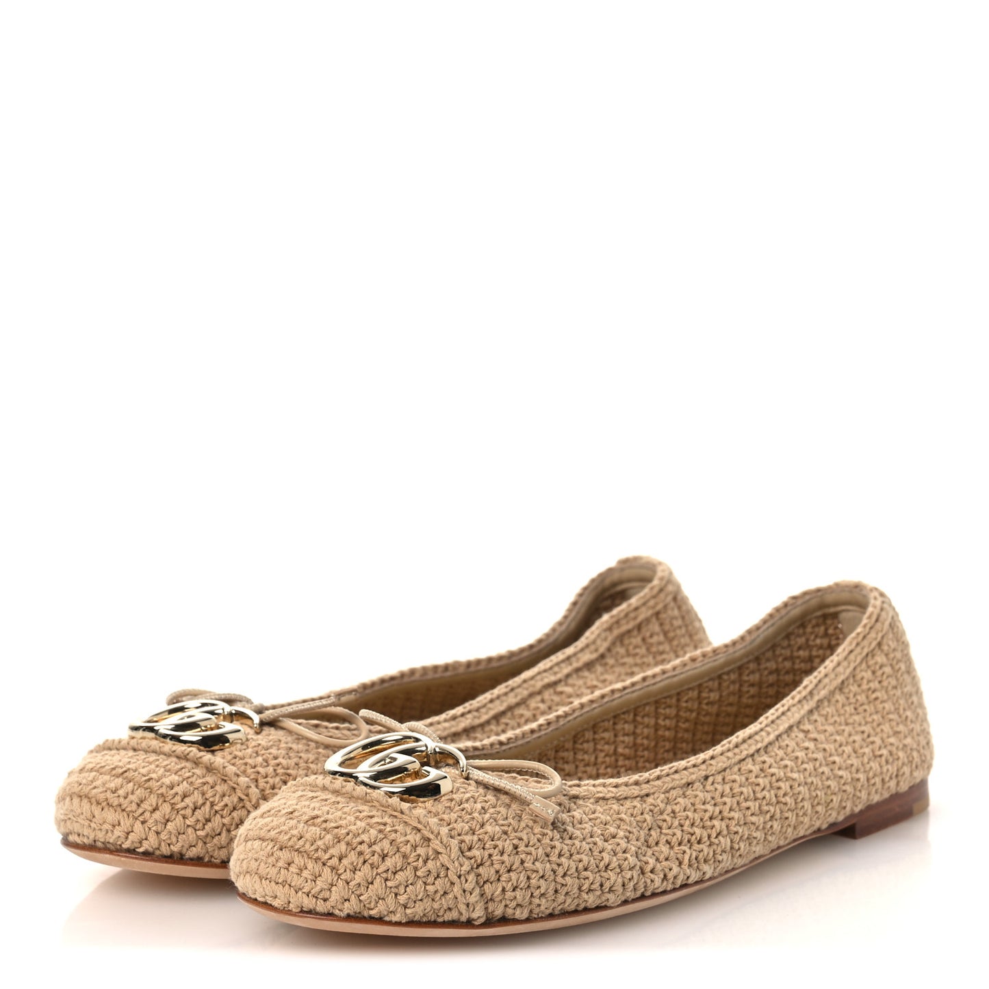 Cotton Crochet Nappa Camargue GG Ballerina Flats 38.5 Ecru Sand Storm