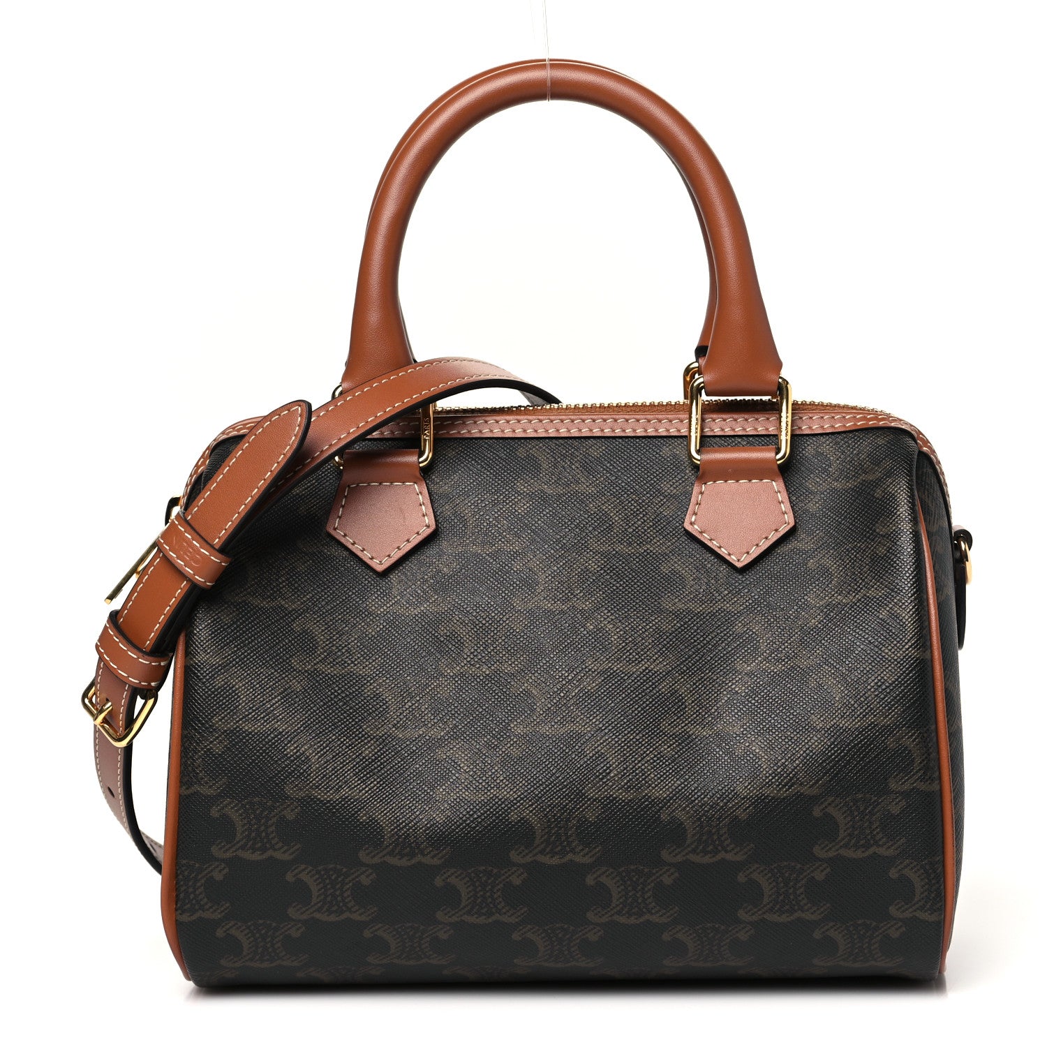 Celine Triomphe Canvas Calfskin Small Boston Bag Tan 1 of 9