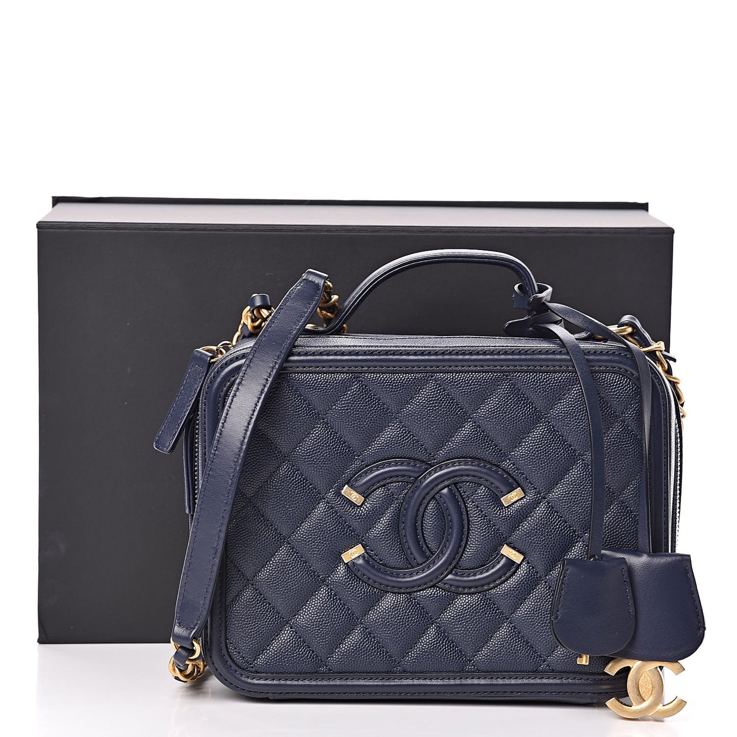 Caviar Quilted Medium CC Filigree Vanity Case Navy