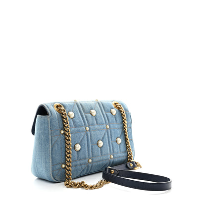 Gucci Denim Matelasse Pearl Studded Small GG Marmont Shoulder Bag Blue 3 of 10