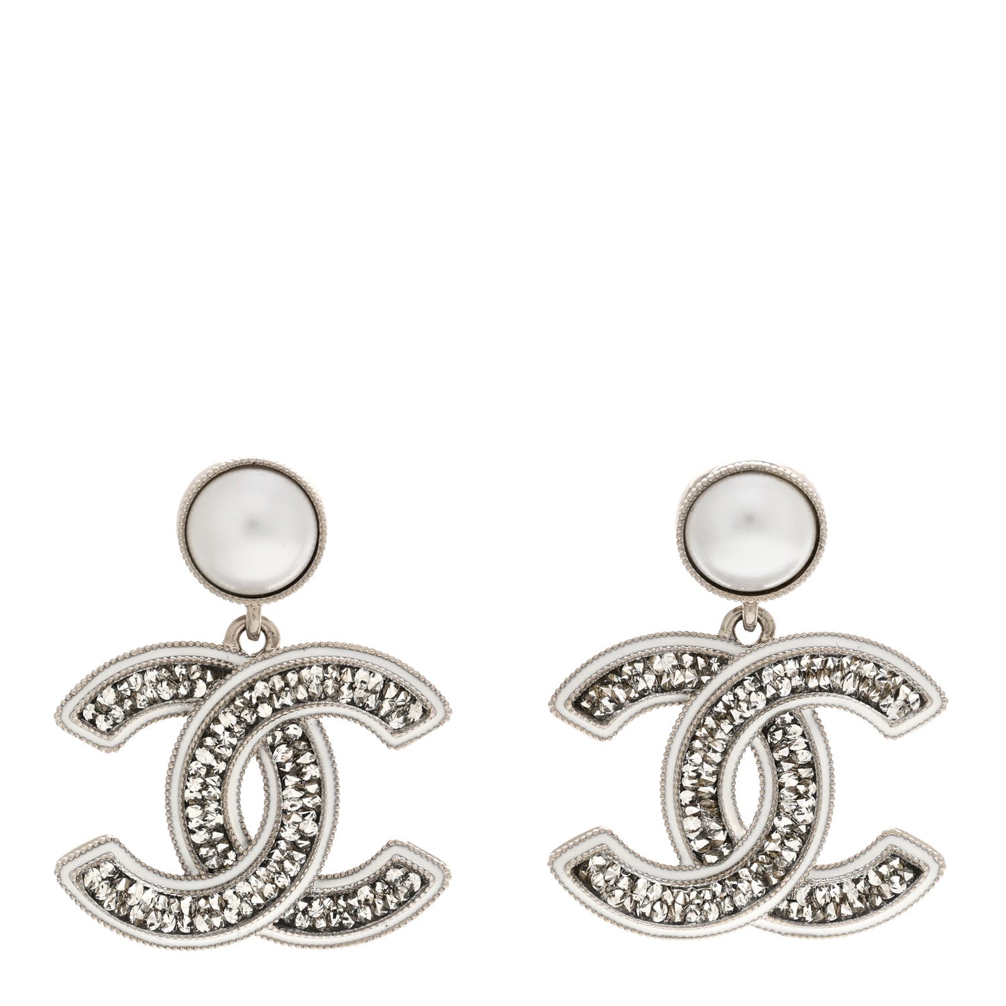 Pearl Crystal CC Drop Earrings Silver