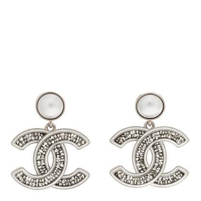 Chanel Pearl Crystal CC Drop Earrings Silver 1 of 5