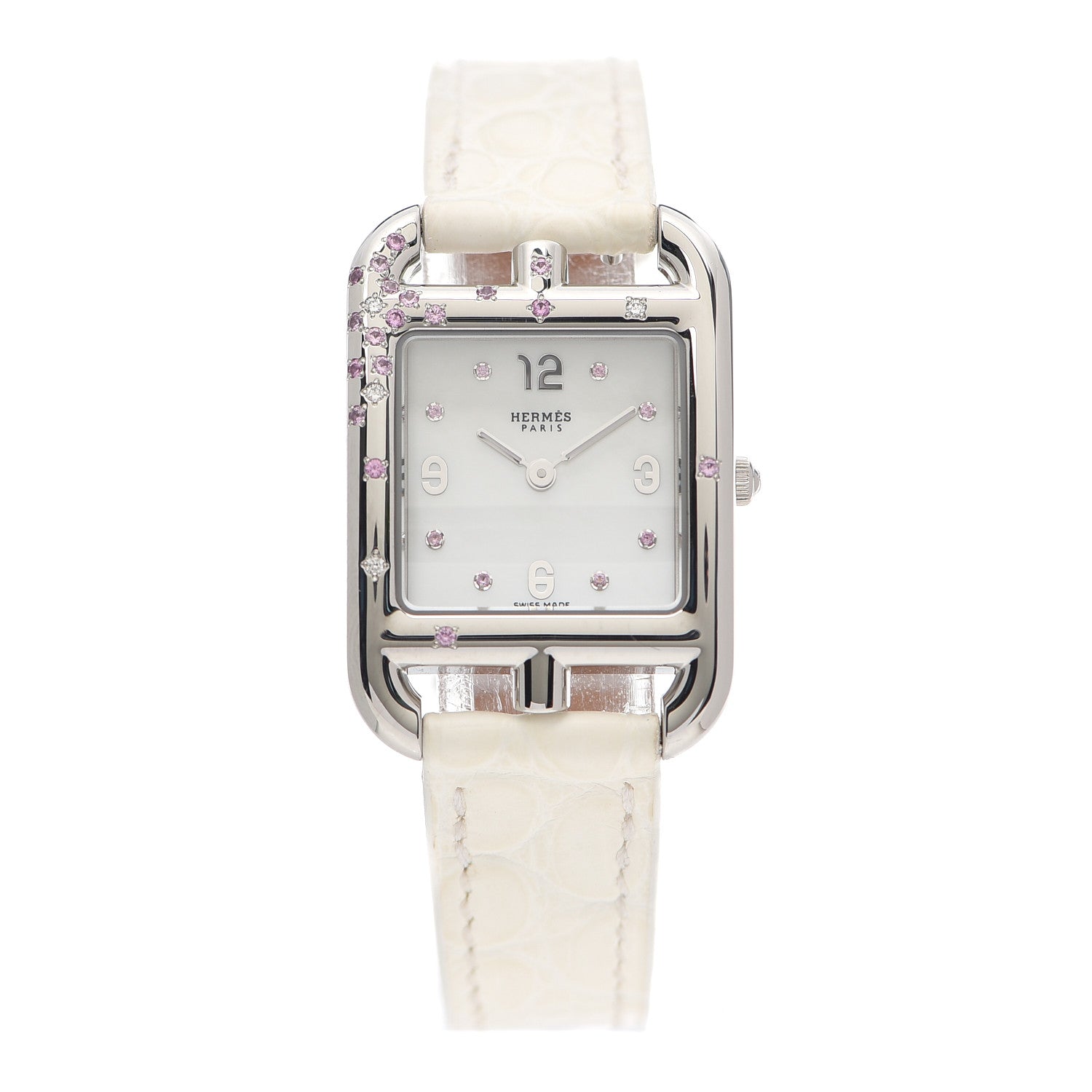 Hermes Stainless Steel Alligator Diamond Pink Sapphire Mother of Pearl 23mm Cape Cod Quartz Watch Blanc 1 of 5