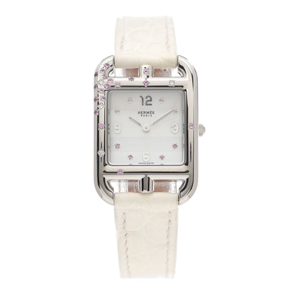 Hermes Stainless Steel Alligator Diamond Pink Sapphire Mother of Pearl 23mm Cape Cod Quartz Watch Blanc 1 of 5