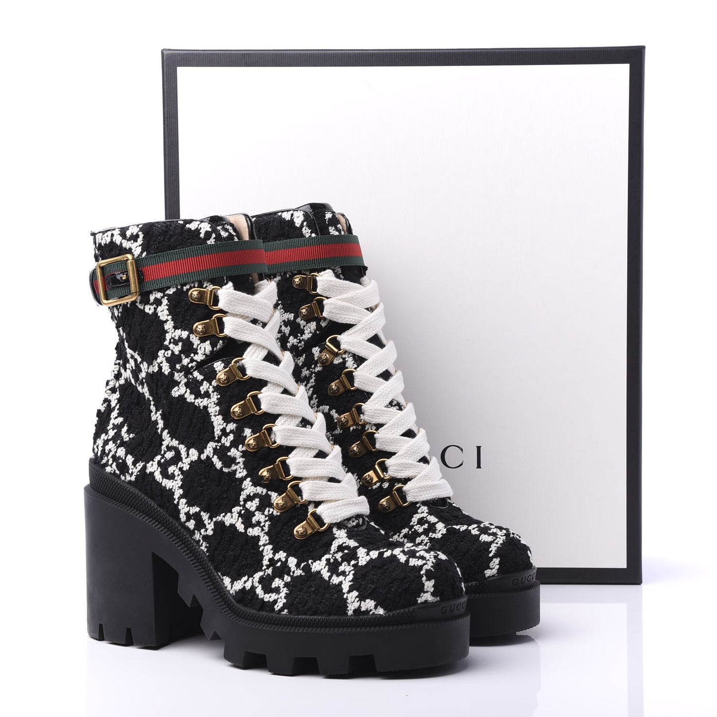 Tweed GG Monogram Lace Up Combat Ankle Boots 38 Black