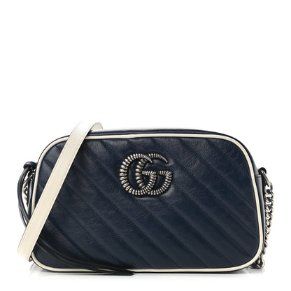 Gucci Vintage Effect Calfskin Matelasse Diagonal Small Torchon GG Marmont Chain Shoulder Bag Blue Agata Mystic White 1 of 9