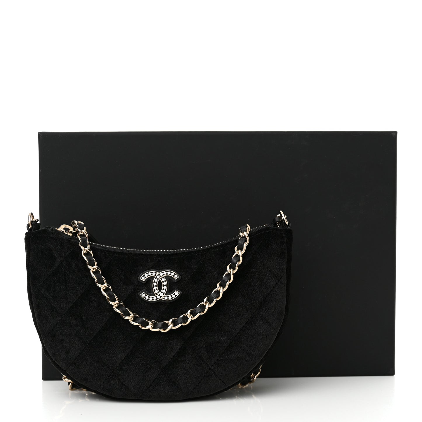 Velvet Crystal Quilted Chain Hobo Black