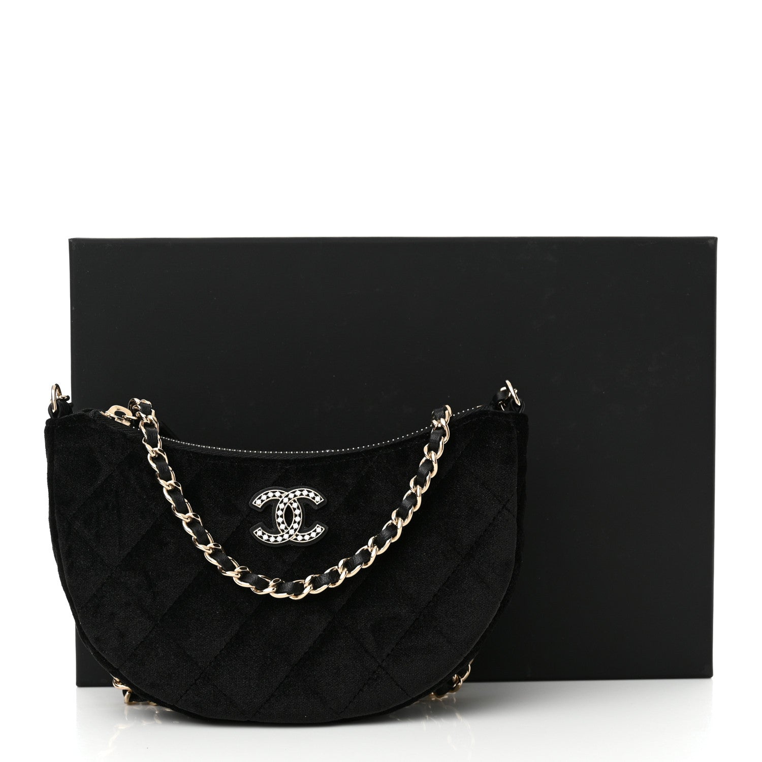 Chanel Velvet Crystal Quilted Chain Hobo Black 12 of 12