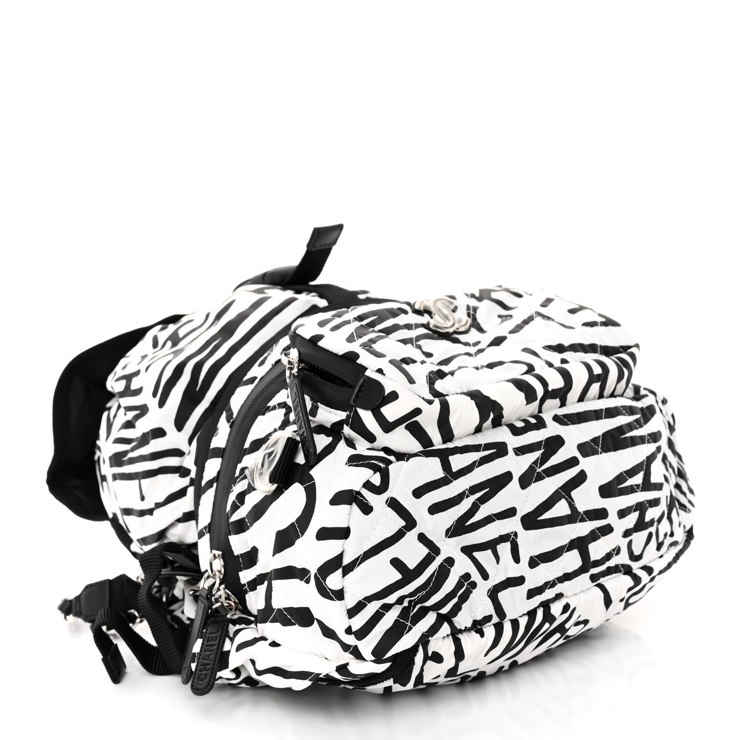 Chanel Nylon Printed Quilted Coco Neige Convertible Backpack Black White 5 of 10